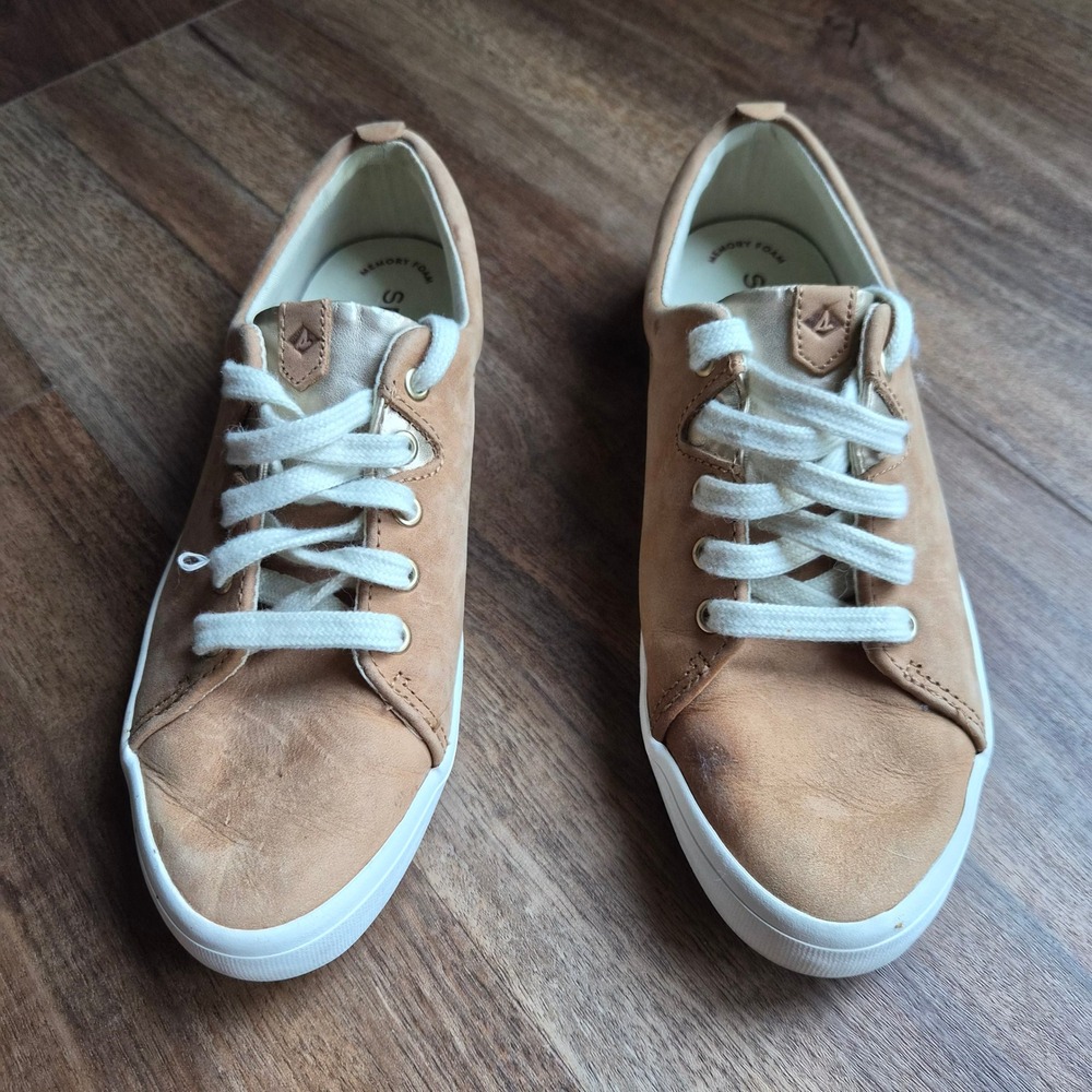 Sperry Top-Sider Crest Vibe Tan Nubuck Leather Sneakers Gold 6.5 Womens Preppy